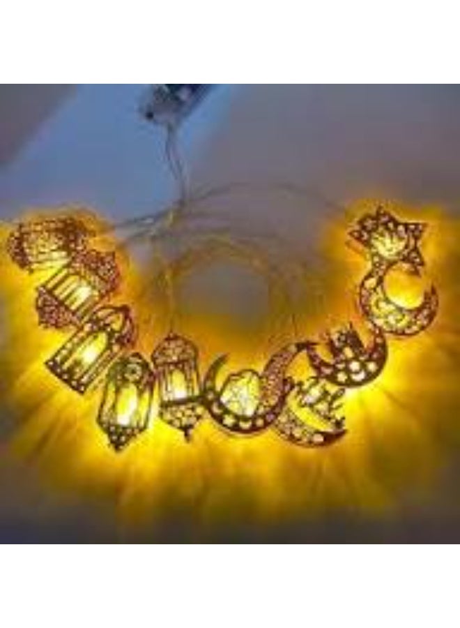 Ramadan Decoration - Metal Light String with 10 Pieces - Mosque, Crescent, and Lantern - Image 1
